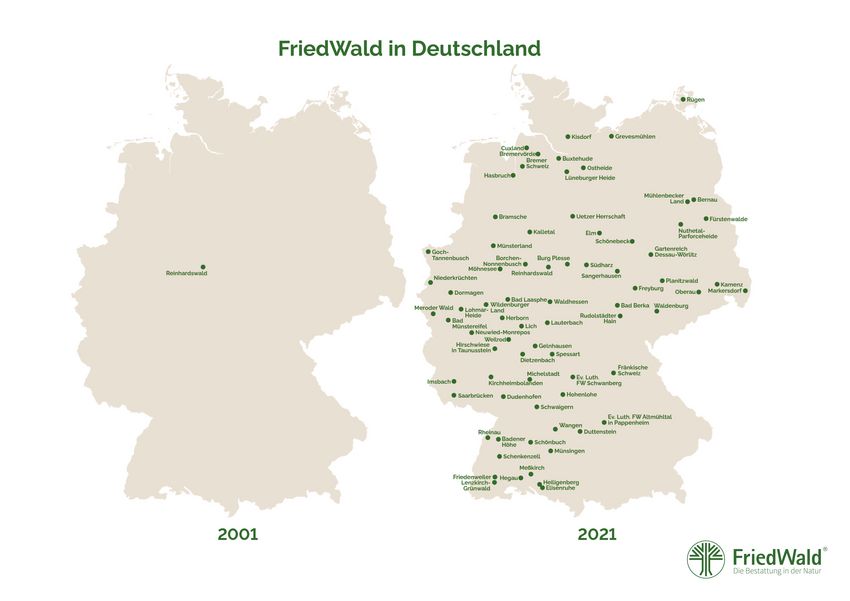 Gegenüberstellung FriedWald in Deutschland 2001 und 2021