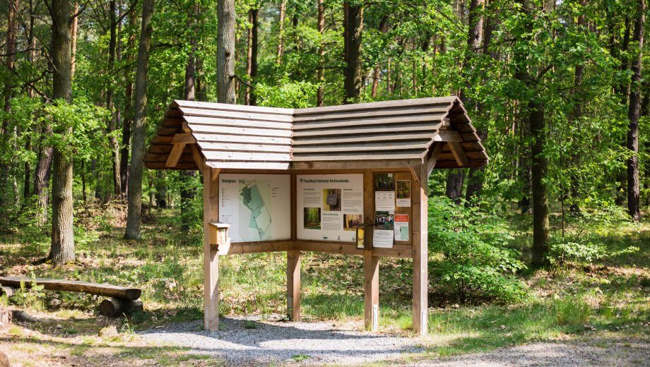 Die Infotafel im FriedWald Nuthetal gibt einen ersten Überblick über den Wald und das Konzept.